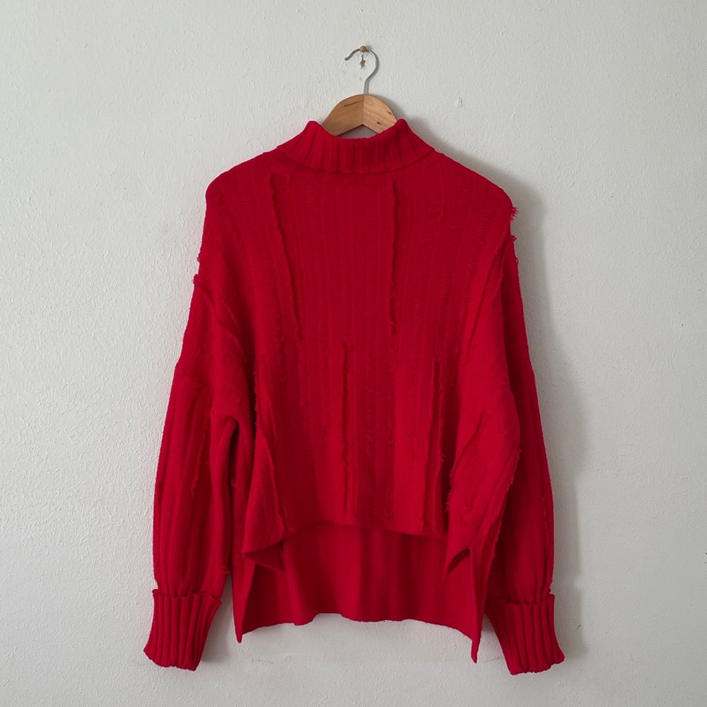 Gilli High Low Sweater Chunky Drop Shoulder Tattered Turtleneck Pullover Red